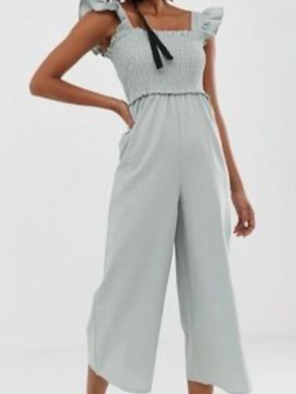 NWT ASOS Soft Green Ruffle-Strap Wide-Leg Linen/Cotton Jumpsuit - Size 14